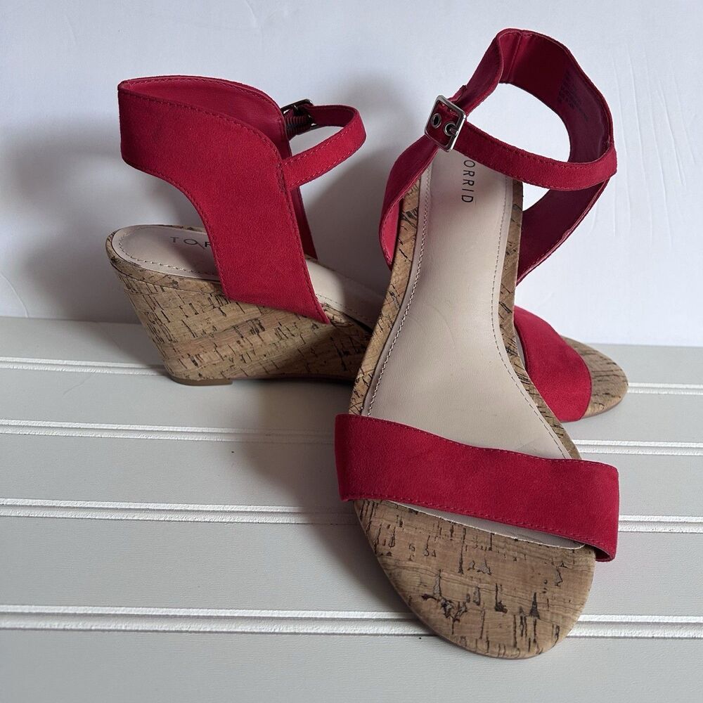 Torrid Womens Size 10 Wide Red Suede Cork High Wedge Sandals Ankle Strap WW